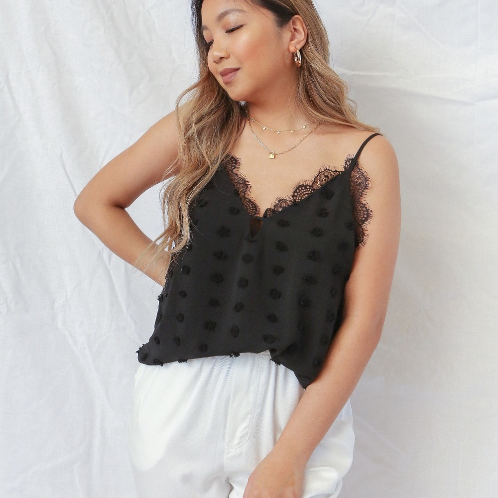 Black Pom Pom Lace Tank Top